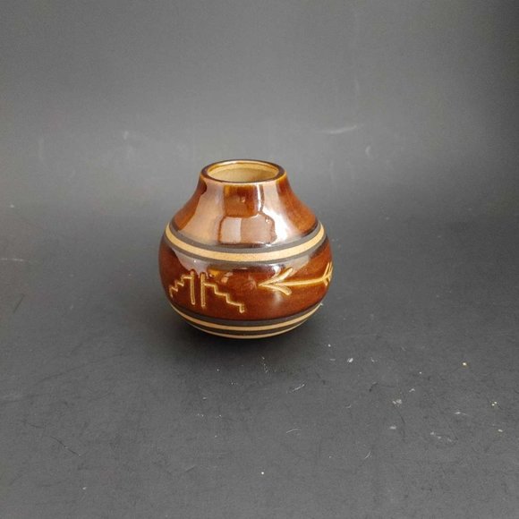 Art Pottery Vase Stoneware Vintage Glazed Brown Southwest Talisman Tribal Symbol - Picture 3 of 7